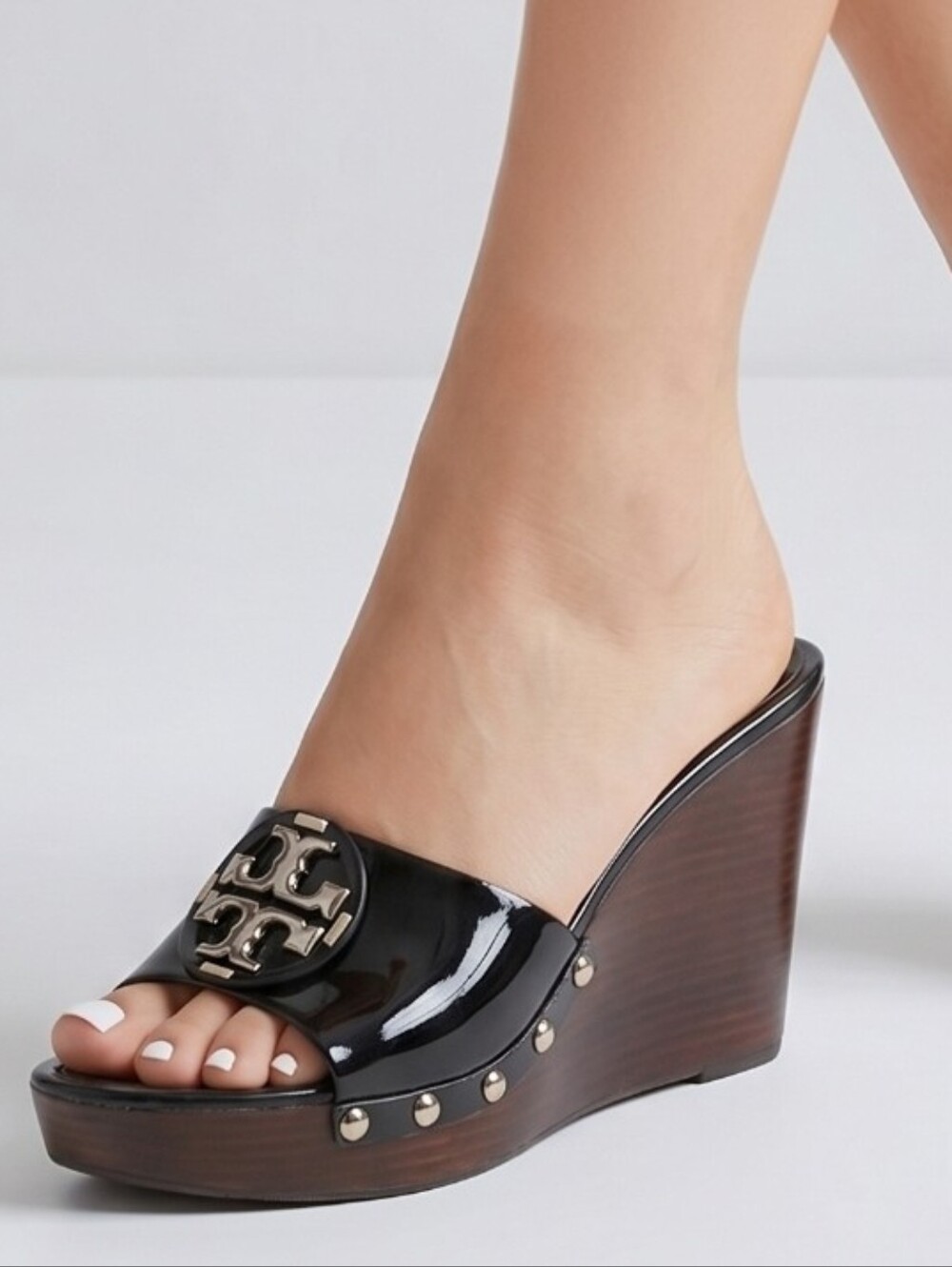 Tory Burch Patty Black Patent Wedge Slide Sandals 9 M Platform Shoes - Picture 2 of 13